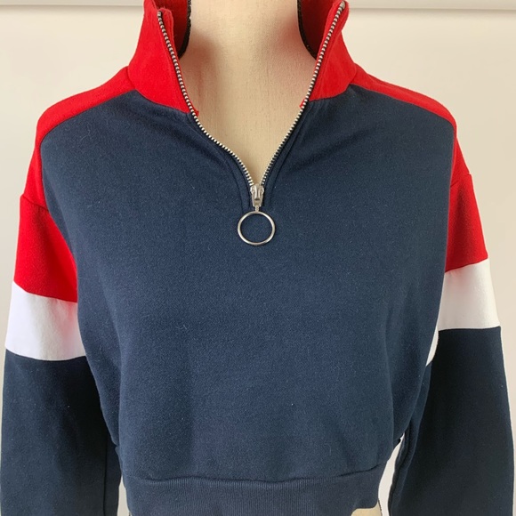 Divided Cropped Red Blue Pullover Sweatshirt - Picture 2 of 5